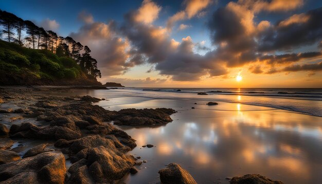 Foto una puesta de sol sobre el océano con rocas y árboles