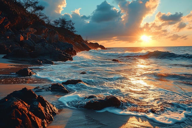 una puesta de sol sobre el océano con rocas y árboles