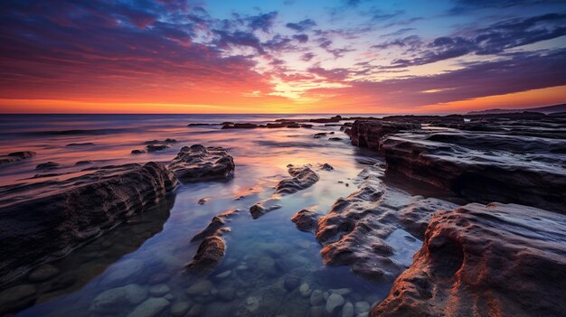 Una puesta de sol sobre el océano con rocas y el cielo de fondo.