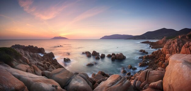 Una puesta de sol sobre el océano con rocas y un cielo rosa.