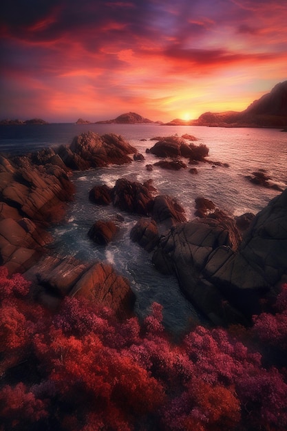 Una puesta de sol sobre el océano con rocas y el cielo.