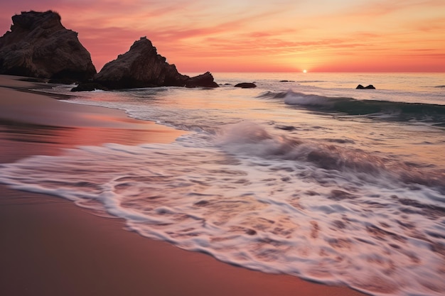 Una puesta de sol sobre el océano con rocas en el fondo
