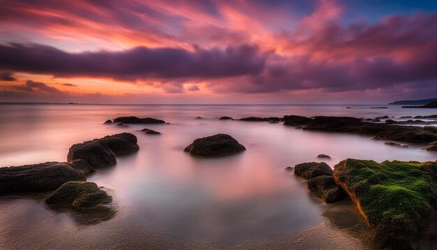 Foto una puesta de sol sobre el océano con rocas y nubes en el cielo