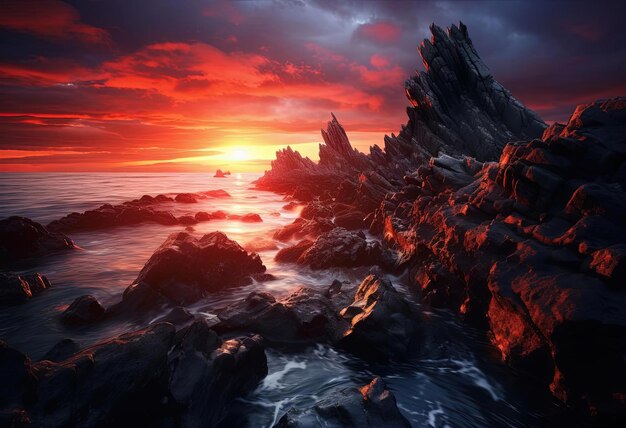 Foto una puesta de sol sobre el océano con rocas y el océano en el fondo