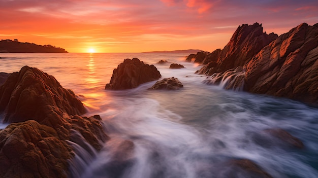Una puesta de sol sobre el océano con rocas en primer plano