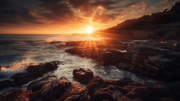 Puesta de sol sobre el océano con el sol brillando sobre las rocas