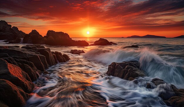 una puesta de sol sobre el océano con el sol poniéndose detrás de las rocas