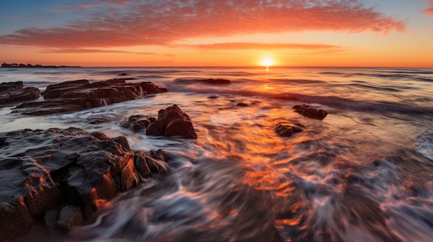 Una puesta de sol sobre el océano con el sol poniéndose detrás