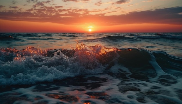 Puesta de sol sobre olas de agua salpicando arena generada por IA