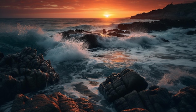 Puesta de sol sobre las olas rocosas de la costa rompiendo salpicaduras generadas por IA