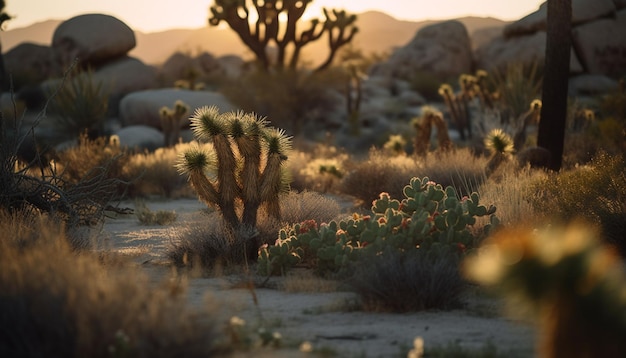 Puesta de sol sobre un paisaje árido, dunas de arena seca, belleza tranquila en la naturaleza generada por inteligencia artificial