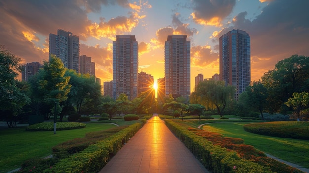 La puesta de sol sobre el paisaje del complejo de apartamentos de la ciudad moderna