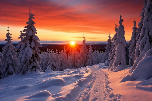 La puesta de sol sobre un paisaje cubierto de nieve