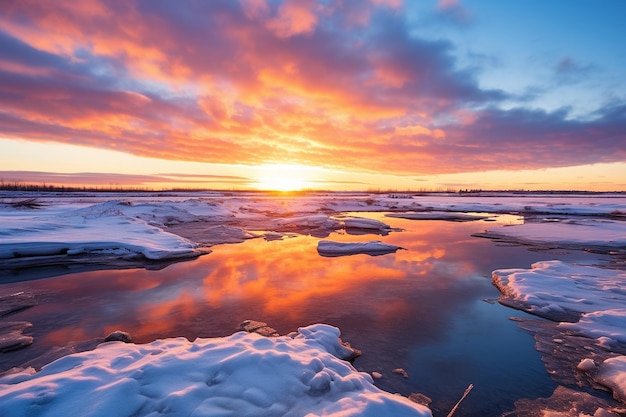 La puesta de sol sobre un paisaje cubierto de nieve