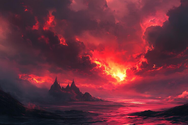 La puesta de sol sobre un paisaje dramático con nubes oscuras