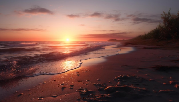 Puesta de sol sobre un paisaje marino tranquilo, unas vacaciones perfectas generadas por IA