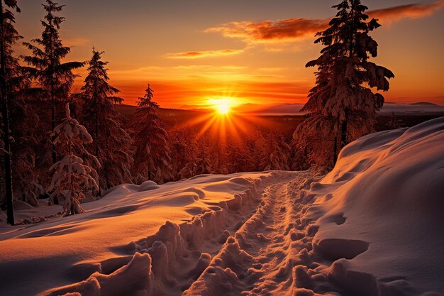 La puesta de sol sobre un paisaje nevado con tonos cálidos en contraste con el frío