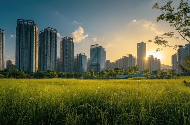 La puesta de sol sobre el paisaje urbano moderno con el parque verde