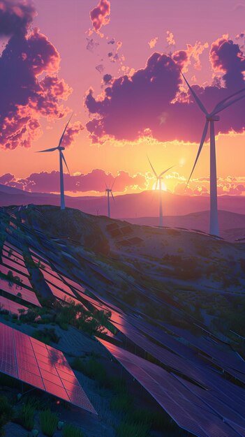 Puesta de sol sobre el paisaje urbano sostenible moderno con ilustraciones de turbinas eólicas ambientales futuristas