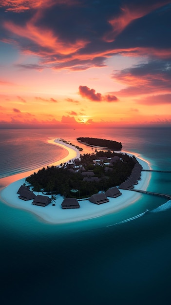 puesta de sol sobre una pequeña isla con una playa y un muelle ai generativo