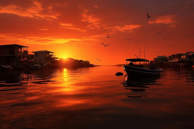 La puesta de sol sobre un pequeño pueblo de pescadores