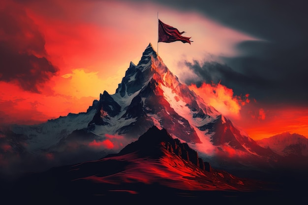 Puesta de sol sobre el pico con bandera roja que muestra un cielo dramático y colorido creado con ai generativo