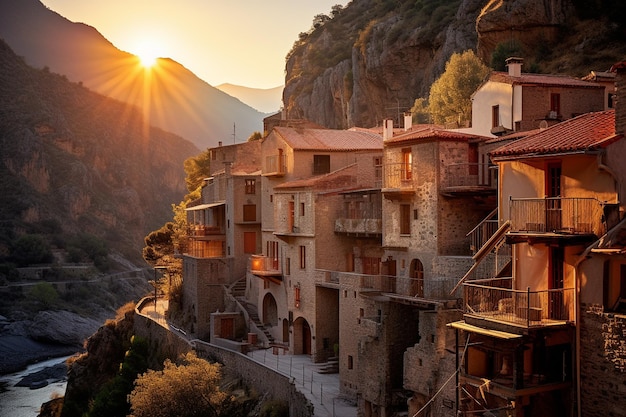 La puesta de sol sobre un pintoresco pueblo o ciudad