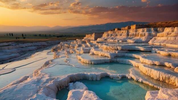 Foto la puesta de sol sobre las piscinas minerales en terrazas