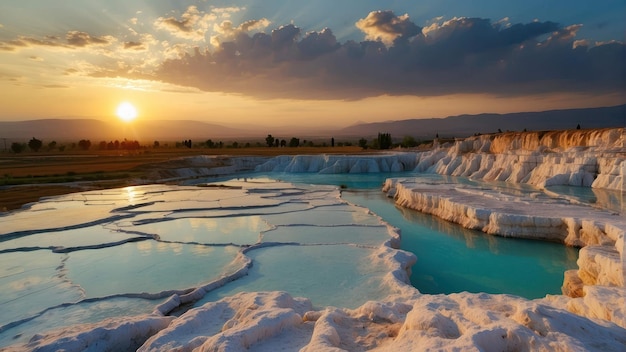 La puesta de sol sobre las piscinas minerales en terrazas