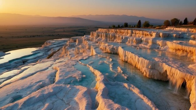 La puesta de sol sobre las piscinas minerales en terrazas