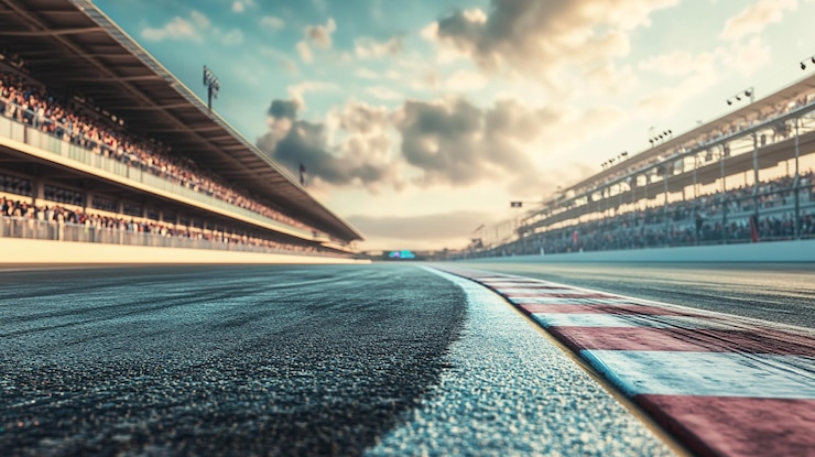 La puesta de sol sobre una pista de carreras vacía con gradas y espectadores en el fondo