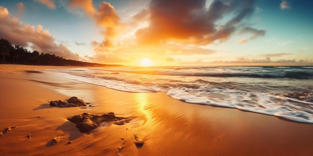 Una puesta de sol sobre una playa con un cielo dorado y la puesta de sol sobre el océano.