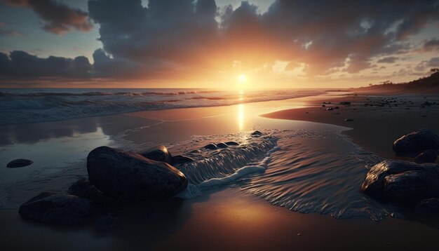 Una puesta de sol sobre una playa con una gran roca en primer plano