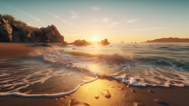 Una puesta de sol sobre una playa con playa y olas.