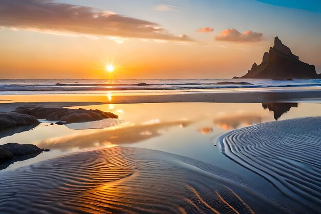 Una puesta de sol sobre la playa en la playa