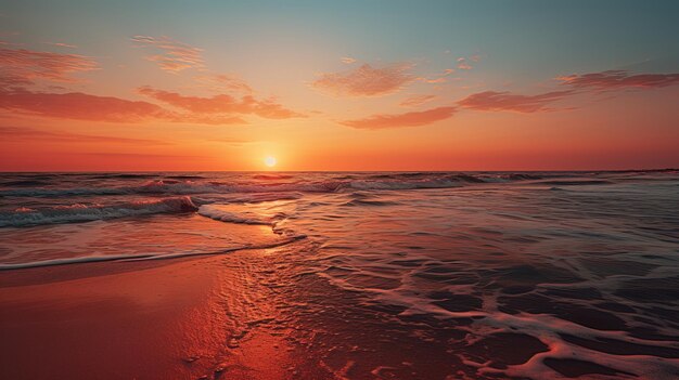 una puesta de sol sobre una playa con una puesta de Sol en el fondo