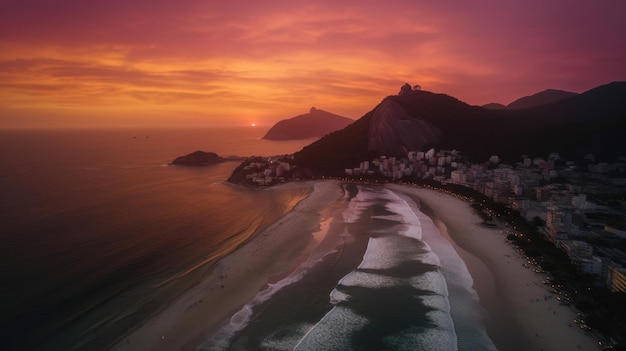 Una puesta de sol sobre la playa de río de janeiro.