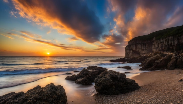 Foto una puesta de sol sobre una playa con rocas y agua