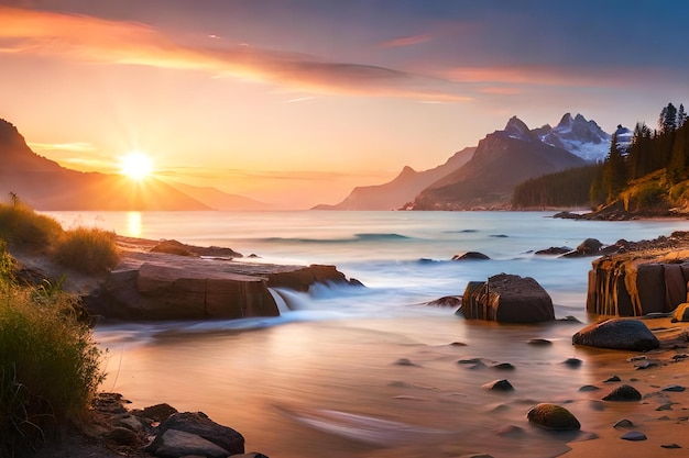 Una puesta de sol sobre una playa rocosa con montañas al fondo