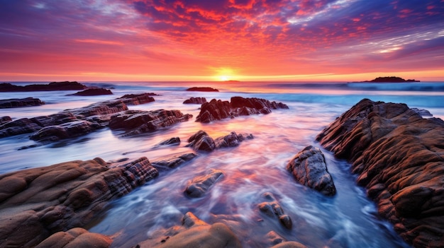 Una puesta de sol sobre una playa rocosa