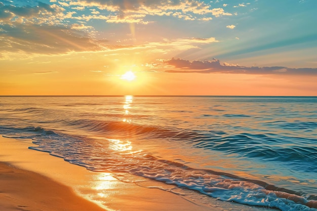 una puesta de sol sobre una playa con el sol brillando sobre el agua