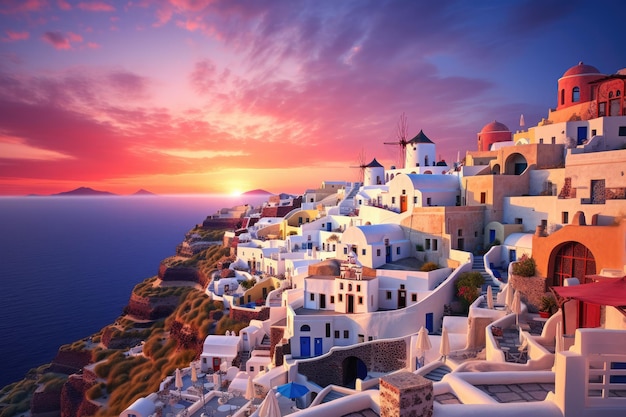 Puesta de sol sobre el pueblo de Oia en la isla de Santorini Grecia Oia al atardecer en Santorini Grecia AI generada
