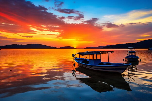 La puesta de sol sobre un pueblo pesquero costero con barcos en el puerto