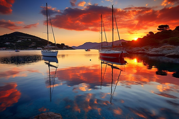 La puesta de sol sobre un puerto tranquilo con barcos anclados