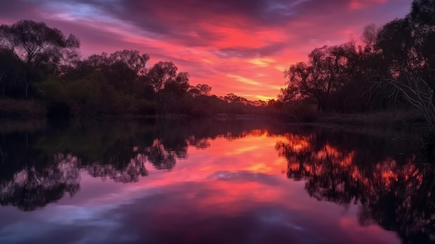 Una puesta de sol sobre un río con árboles y un cielo con nubes