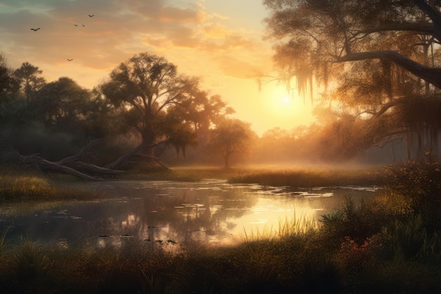 Puesta de sol sobre un río con árboles y un lago en primer plano