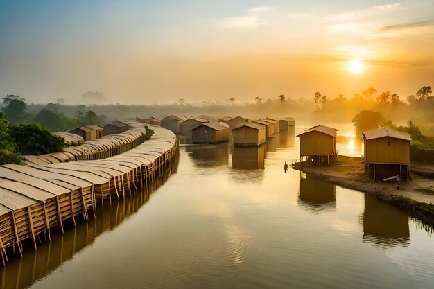 Una puesta de sol sobre un río con un barco y una casa sobre el agua.