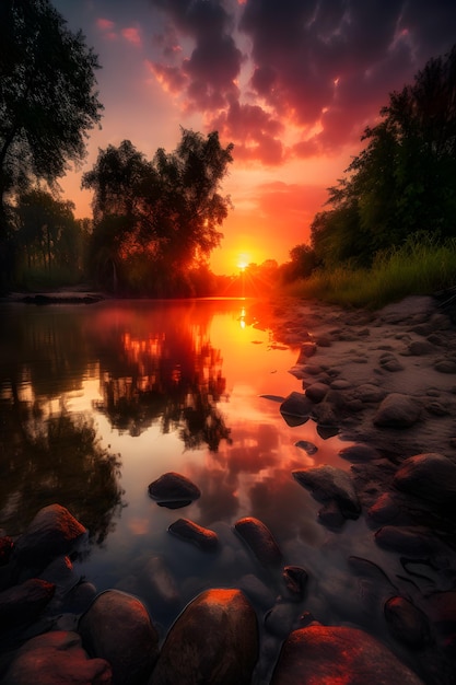 Una puesta de sol sobre un río con un cielo rojo y el sol reflejado en el agua.