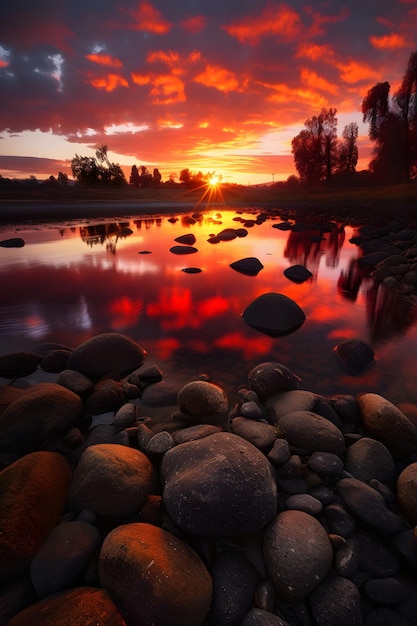 Puesta de sol sobre un río fondos de pantalla e imágenes