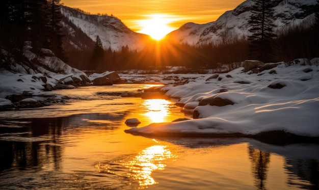 La puesta de sol sobre un río de montaña congelado El fondo de la naturaleza de invierno